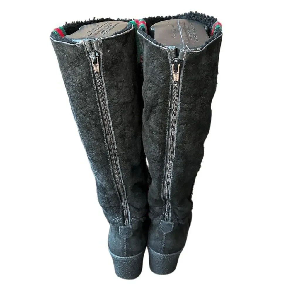 Gucci GG Monogram Web Black Suede Knee High Boots Size 7 Wedge Heel 14
